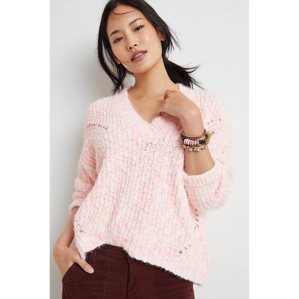 Pilcro x Anthropologie Rubie Textured V-Neck Sweater Neon Pink Size S Preppy